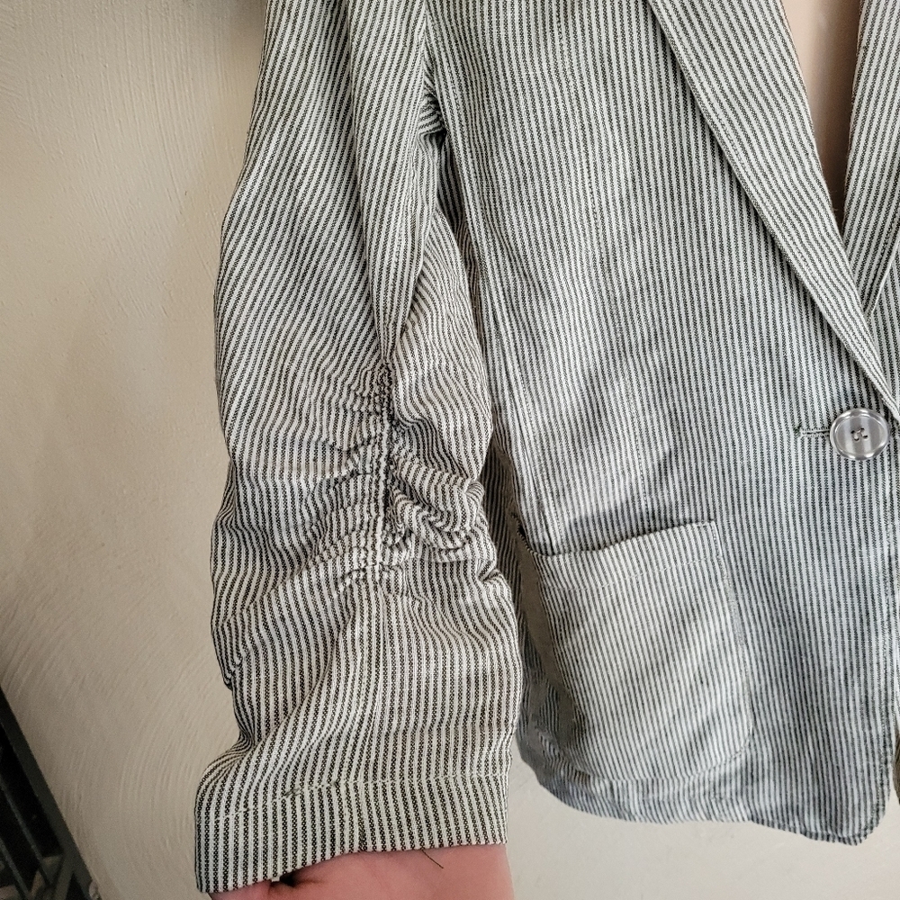 Max Studio White and Green Striped Linen Ruched Sleeve Blazer Size Women's Small - Picture 7 of 12